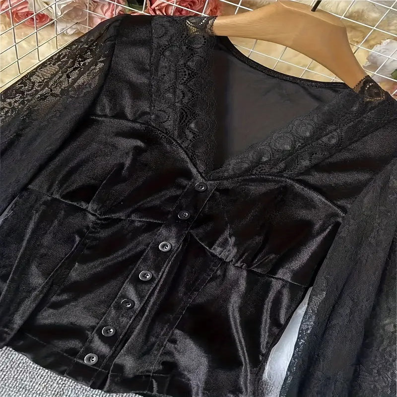 Women's Velvet & Lace Trim Top V-Neck Long Sleeve Blouse