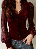 Women's Velvet & Lace Trim Top V-Neck Long Sleeve Blouse